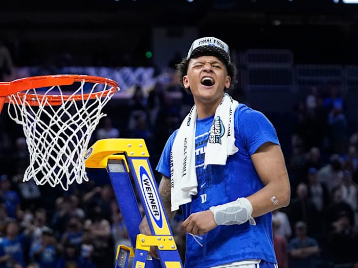 Duke’s Paolo Banchero cuts down the West regional final net
